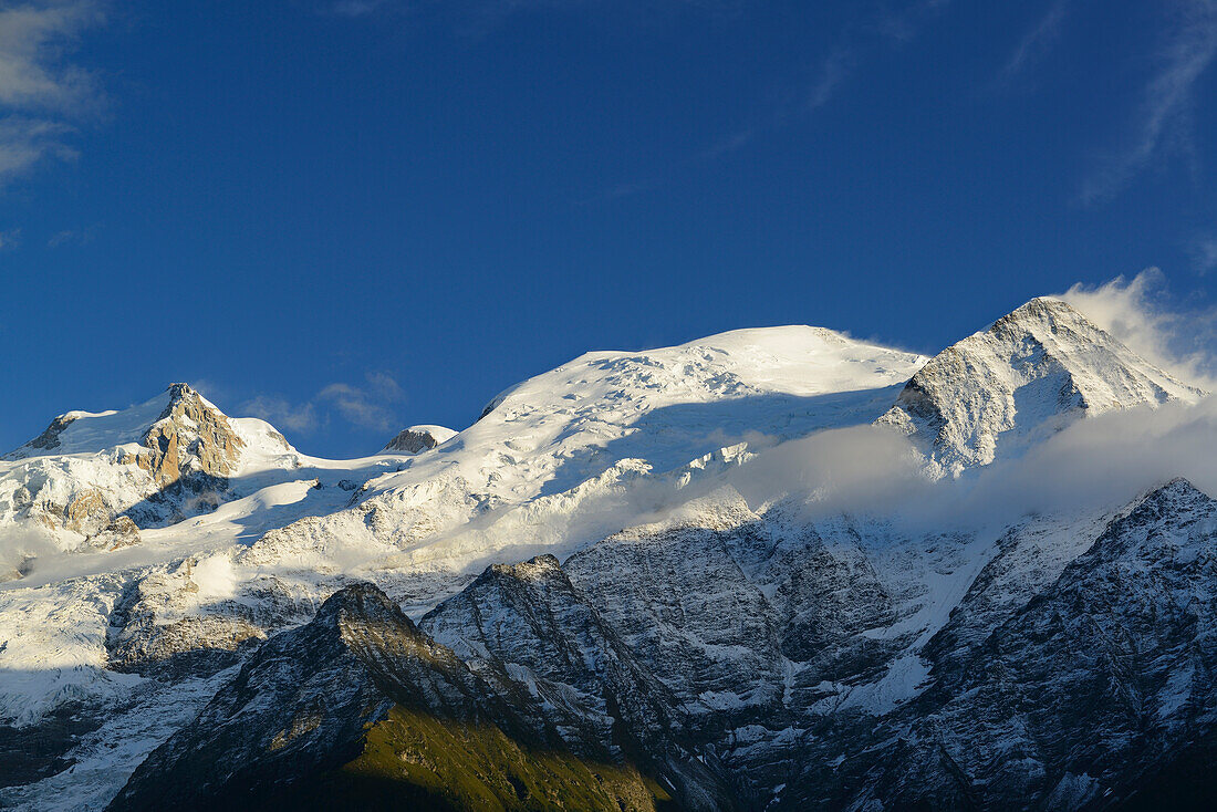 View to Mont Maudit, Mont Blanc and Aiguille du Gouter, Mont Blanc range, Chamonix, Savoy, France