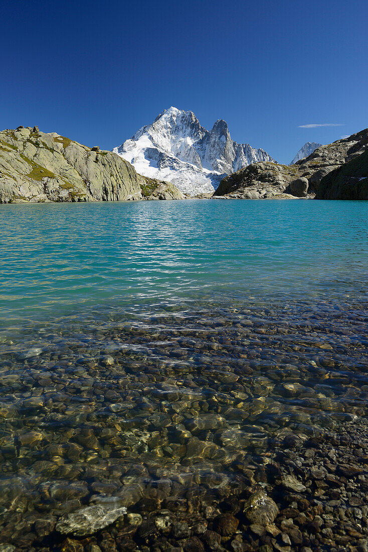 Aiguille Verte und Grand Dru über Bergsee, Mont Blanc-Gruppe, Mont Blanc, Chamonix, Savoyen, Frankreich