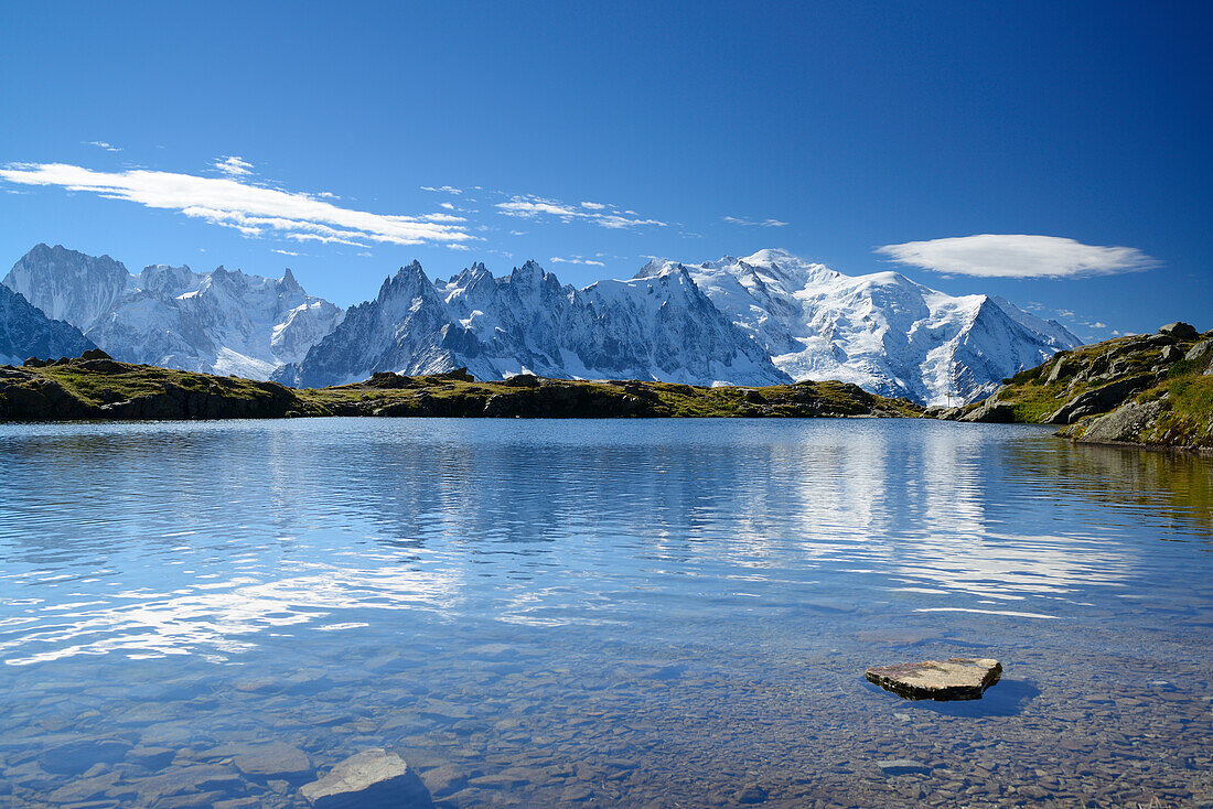 Mont Blanc range reflecting in a mountain lake, Mont Blanc range, Chamonix, Savoy, France