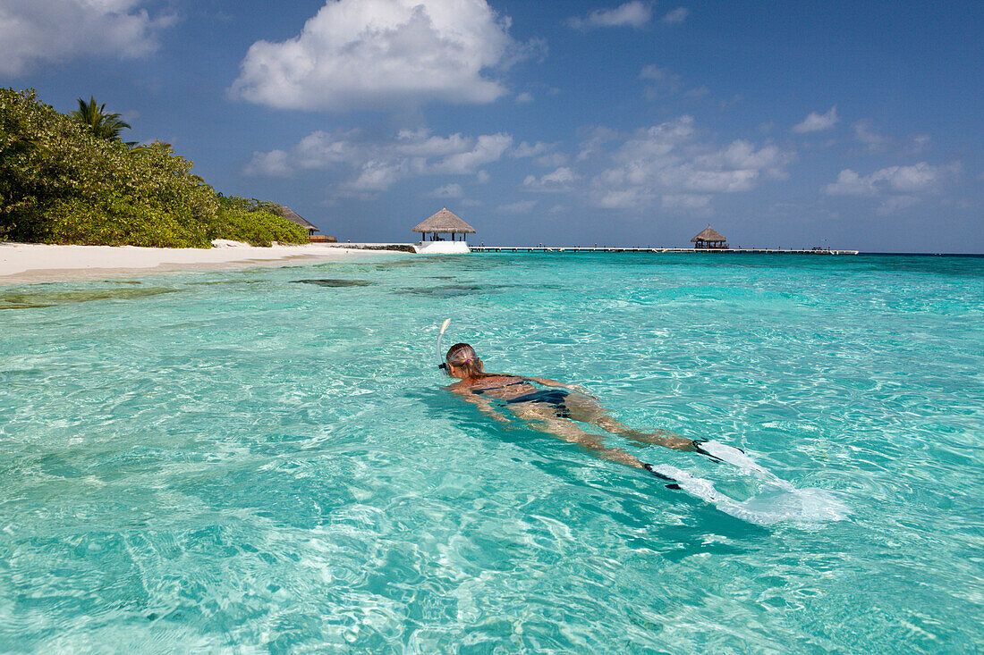 Snorkeling in Lagoon of Eriyadu Island , North Male Atoll, Maldives