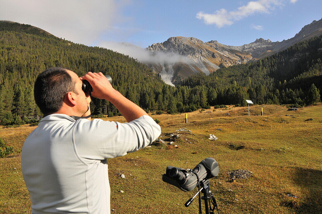 Ranger with binoculars at the Swiss National Park at Ofenpass, Zernez, Lower Engadine, Grisons, Switzerland, Europe