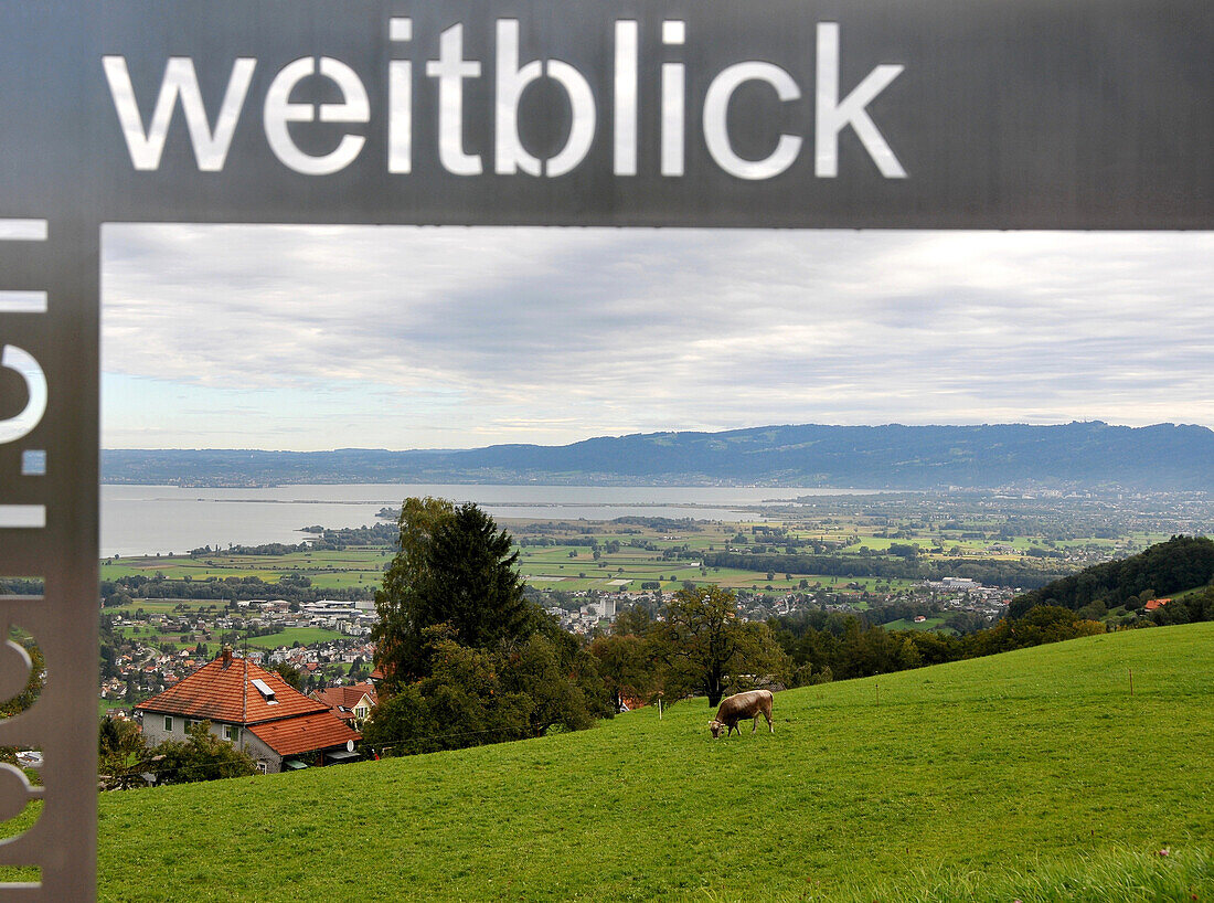 View through a sign onto Lake Constance, Appenzellerland, Eastern Switzerland, Switzerland, Europe