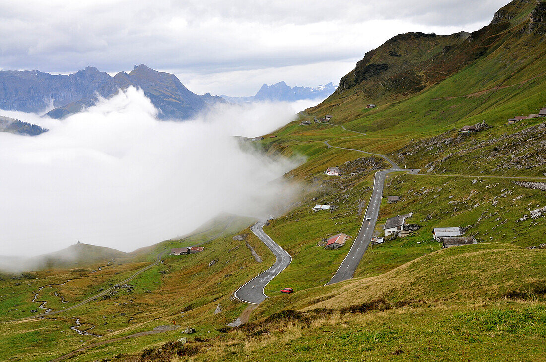 Clouds in the Schaechental valley at the Klausenpass, Canton Uri, Switzerland, Europe