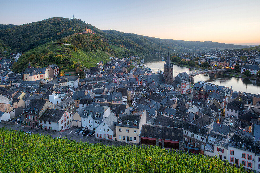 View at Bernkastel-Kues with Landshut castle in the evening, Moselle, Rhineland-Palatine, Germany