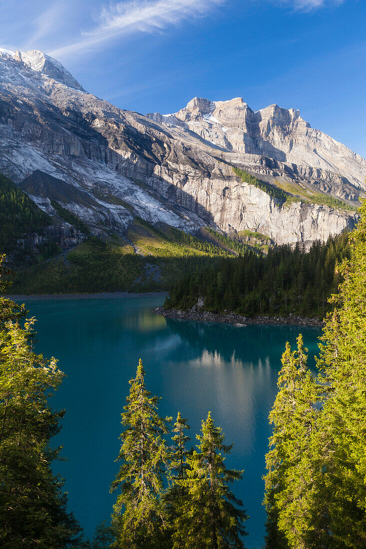 View of Lake Oeschinen with reflection, Bernese Oberland, Canton of Bern, Switzerland