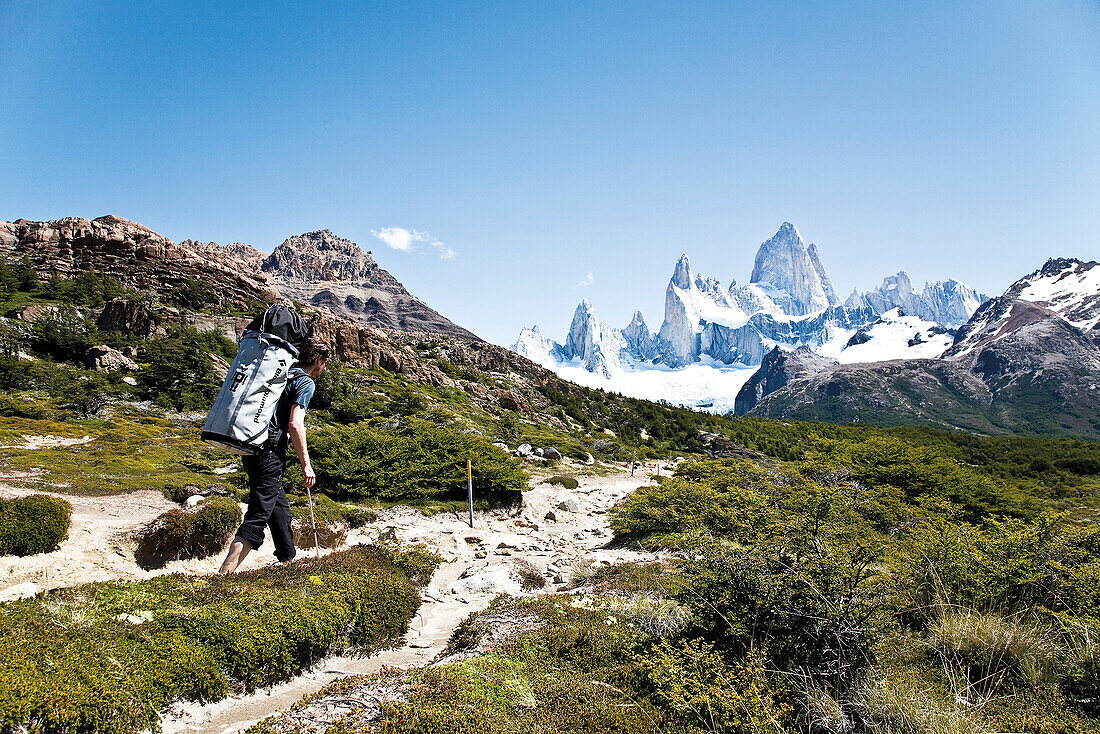 Man hiking on the Fitz Roy Massif, El Chalten, Patagonia, Argentina