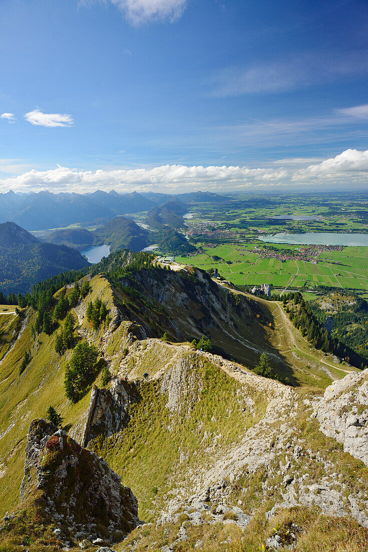 View to lake Forggensee and Fuessen, Tegelberg, Ammergau range, Allgaeu, Swabia, Bavaria, Germany