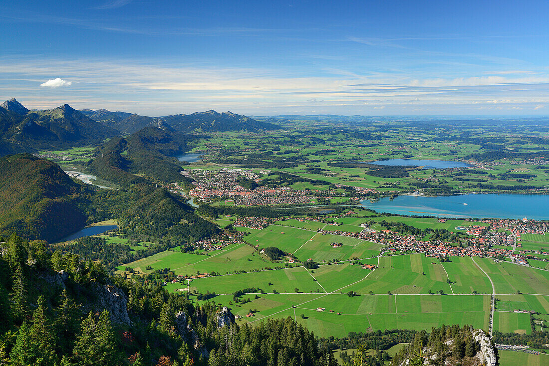View to Fuessen, Allgaeu range with view of lake Weissensee, lake Hopfelsee and lake Forggensee, Tegelberg, Ammergau range, Allgaeu, Swabia, Bavaria, Germany
