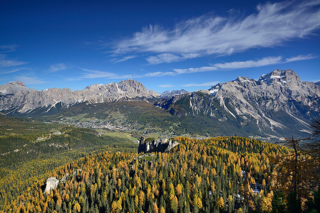 Larch trees in autumn colors above Cortina d´Ampezzo with Monte Cristallo and Sorapis, Dolomites, UNESCO World Heritage Site Dolomites, Veneto, Italy