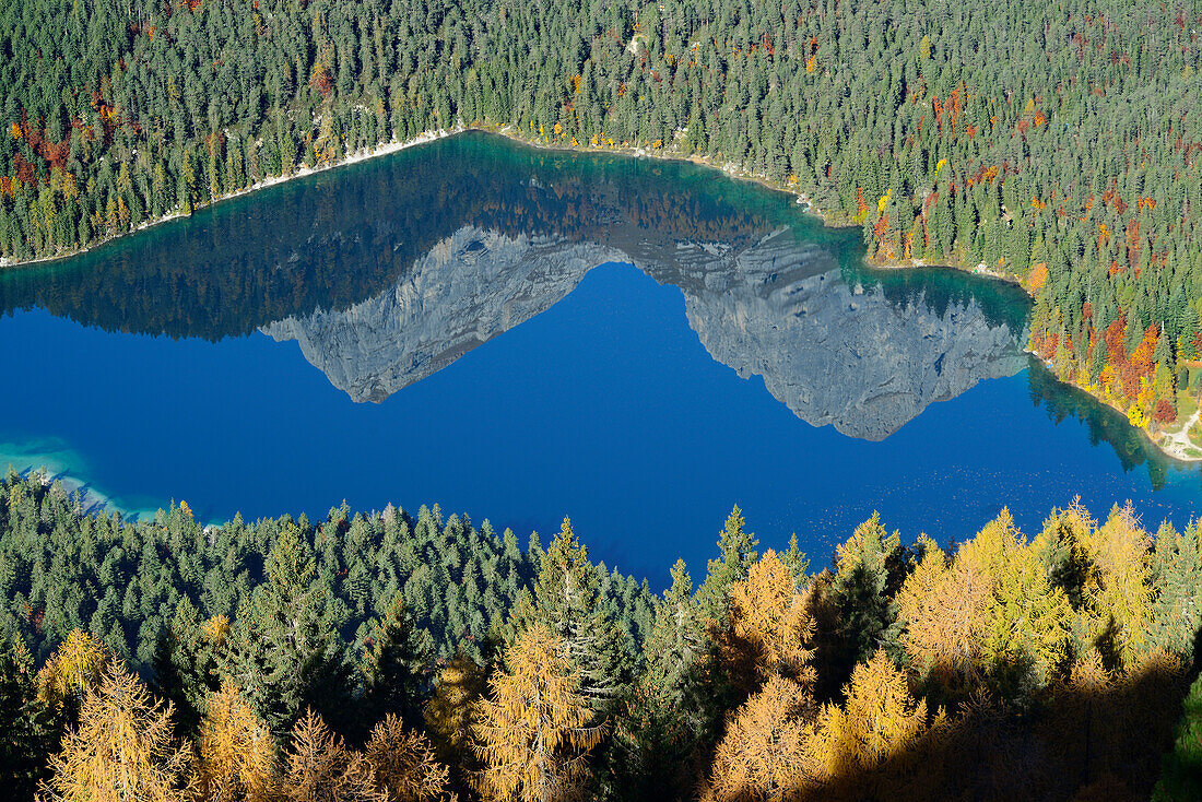 Brenta range reflecting in lake Lago Tovel, Lago Tovel, Brenta range, Dolomites, UNESCO World Heritage Site Dolomites, Trentino, Italy