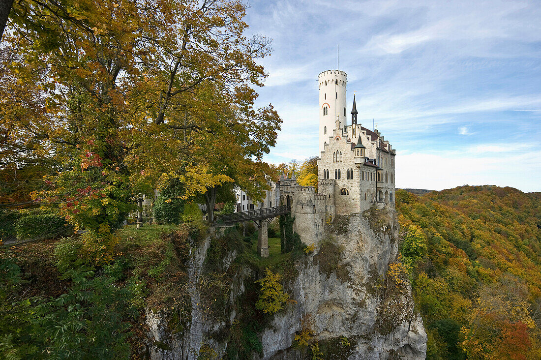 Lichtenstein Castle under clouded sky, Swabian Alp, Baden-Wuerttemberg, Germany, Europe