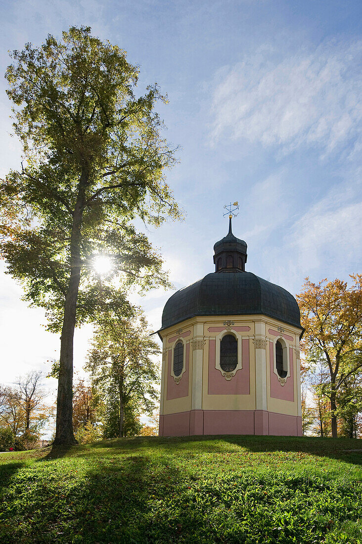 Backlit chapel Josefskapelle, Sigmaringen, Swabian Alp, Baden-Wuerttemberg, Germany, Europe