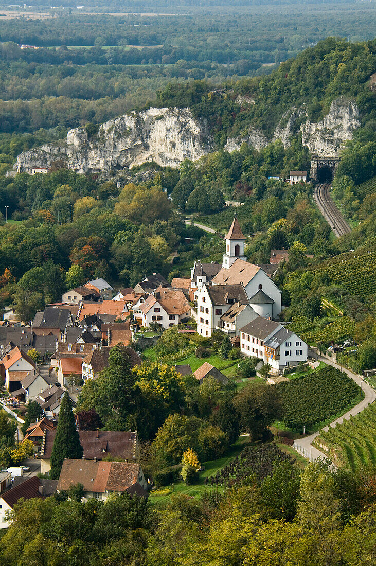 View of Isteiner Klotz and the village of Efringen-Kirchen, Markgraeflerland, Black Forest, Baden-Wuerttemberg, Germany, Europe
