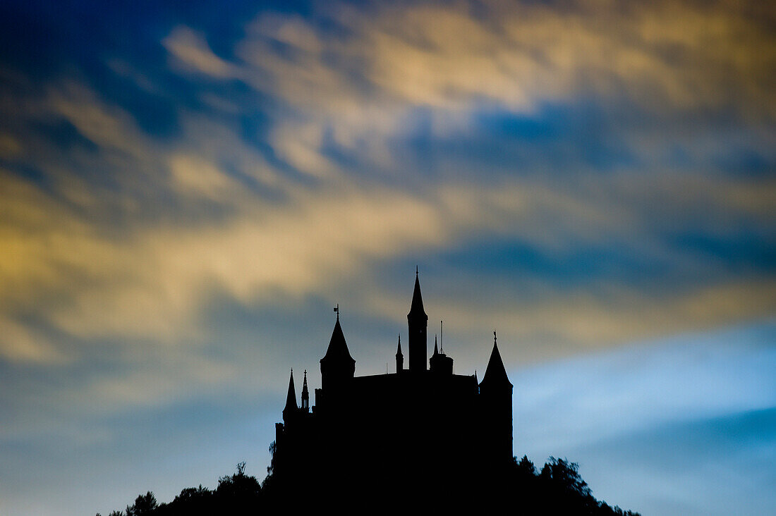 Hohenzollern Castle in the evening, Hechingen, Swabian Alp, Baden-Wuerttemberg, Germany, Europe