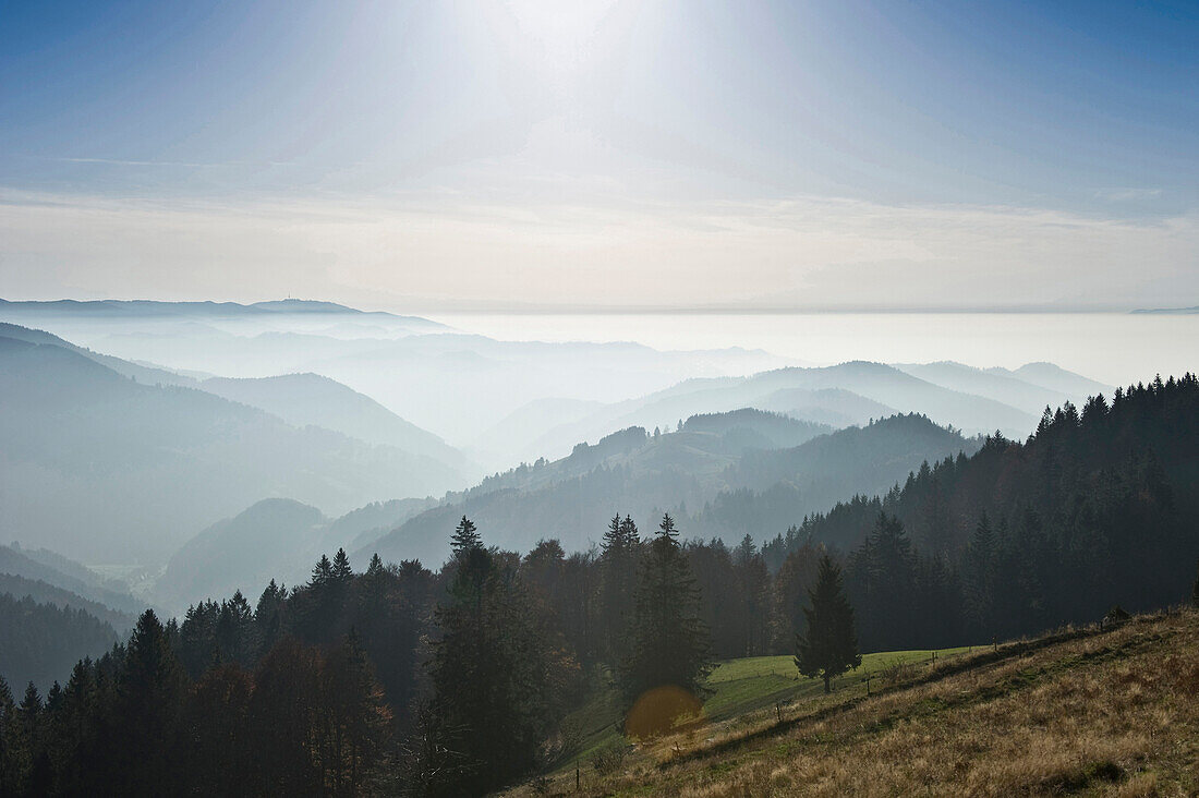 View from Schauinsland mountain onto the Muenstertal valley, near Freiburg im Breisgau, Black Forest, Baden-Wuerttemberg, Germany, Europe