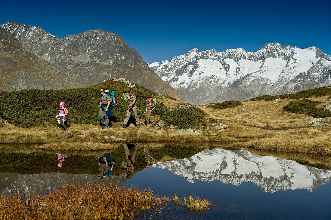 Wandernde Familie am Bettmersee, Bettmeralp, im Hintergrund das Berner Oberland, Kanton Wallis, Schweiz, Europa