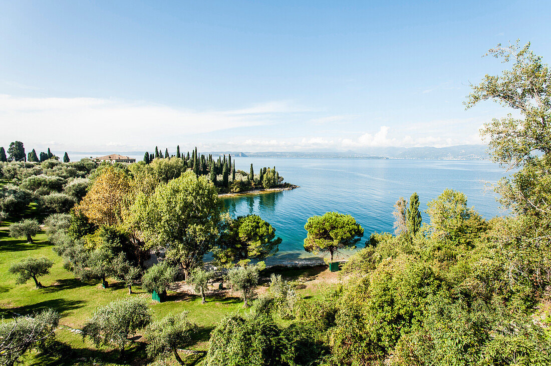 View towards Gardasee and the Parco Baia delle Sirene, Lago di Garda, Province of Verona, Northern Italy, Italy