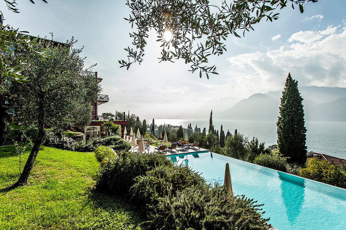 View to Lake Garda from Bellevue San Lorenzo near Malcesine, Lago di Garda, Province of Verona, Northern Italy, Italy