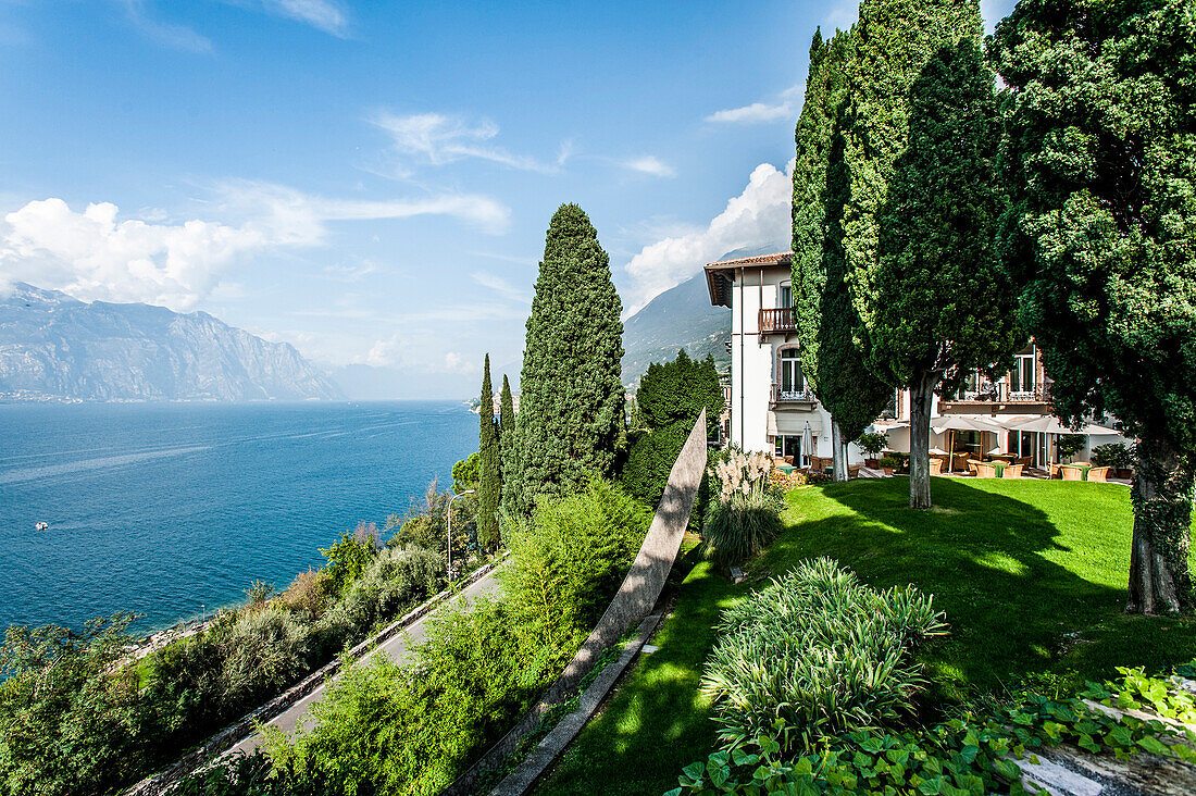 View to lake Garda from Bellevue San Lorenzo near Malcesine, Lago di Garda, Province of Verona, Northern Italy, Italy