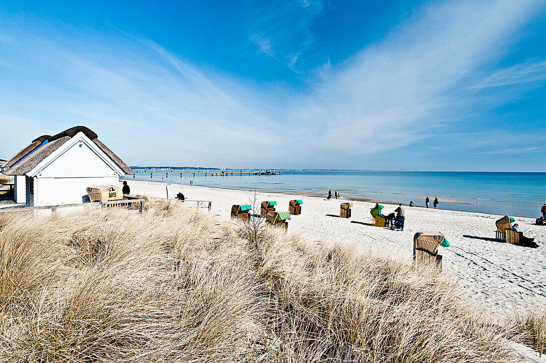 Hooded beach chairs on the beach in Scharbeutz, Schleswig Holstein, Germany