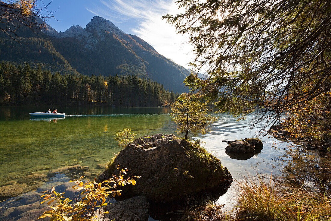 Boat on idyllic lake Hintersee, view onto Hochkalter, Ramsau, Berchtesgaden region, Berchtesgaden National Park, Upper Bavaria, Germany, Europe