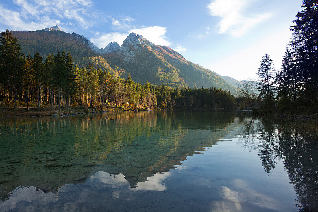 View over lake Hintersee onto Hochkalter, Ramsau, Berchtesgaden region, Berchtesgaden National Park, Upper Bavaria, Germany, Europe