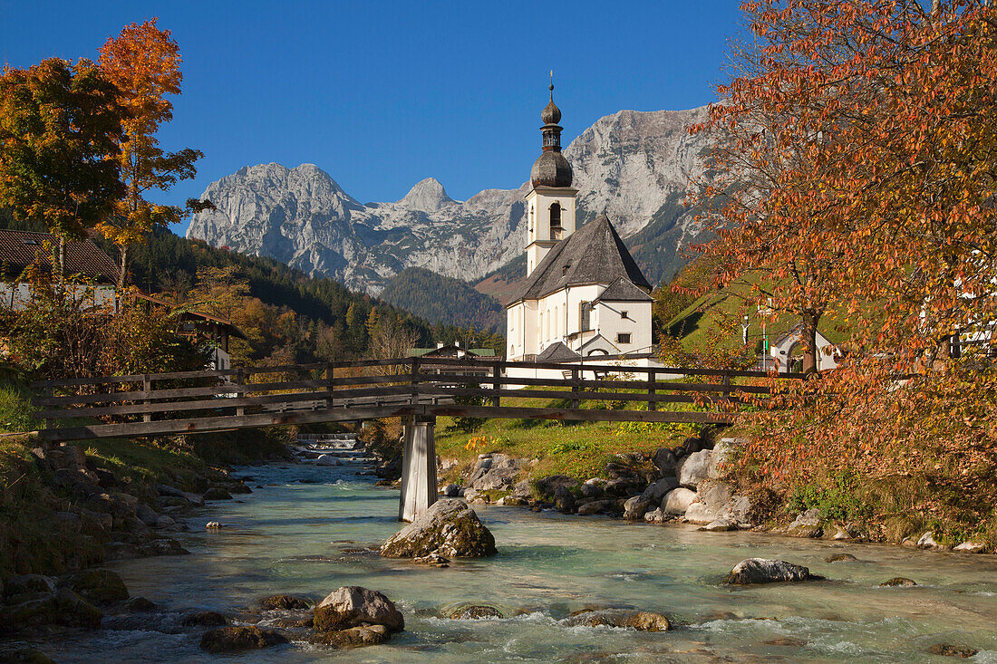 Ramsau church in the sunlight, view of Reiteralpe, Ramsau, Berchtesgaden region, Berchtesgaden National Park, Upper Bavaria, Germany, Europe