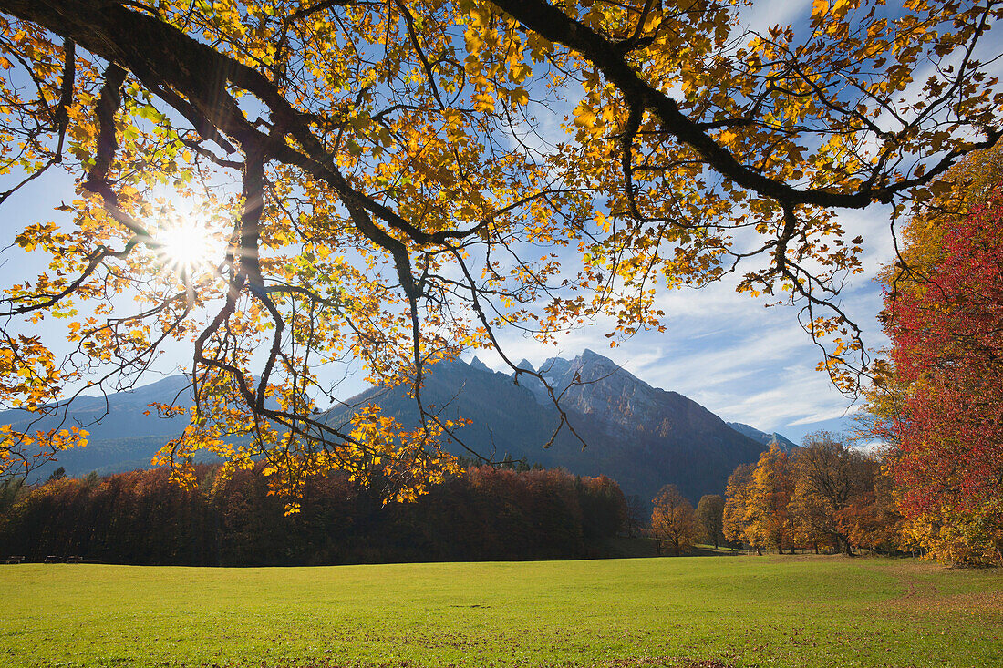 Autumnal landscape near Ramsau, view onto Hochkalter, Berchtesgaden region, Berchtesgaden National Park, Upper Bavaria, Germany, Europe