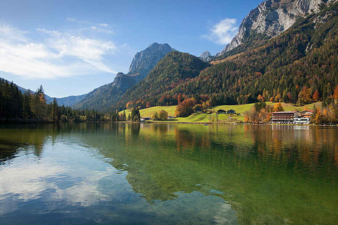 View over lake Hintersee onto Reiteralpe, Ramsau, Berchtesgaden region, Berchtesgaden National Park, Upper Bavaria, Germany, Europe