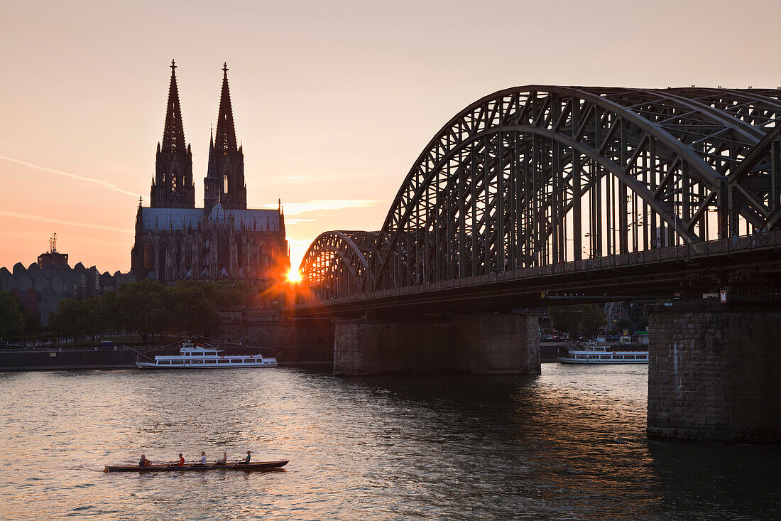 Ruderer auf dem Rhein vor Dom und Hohenzollernbrücke bei Sonnenuntergang, Köln, Nordrhein-Westfalen, Deutschland, Europa