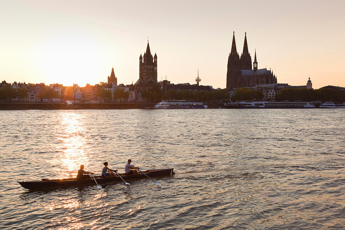 Rowboat on the Rhine river in front of the old town with Great St Martin church and cathedral, Cologne, North Rhine-Westphalia, Germany, Europe