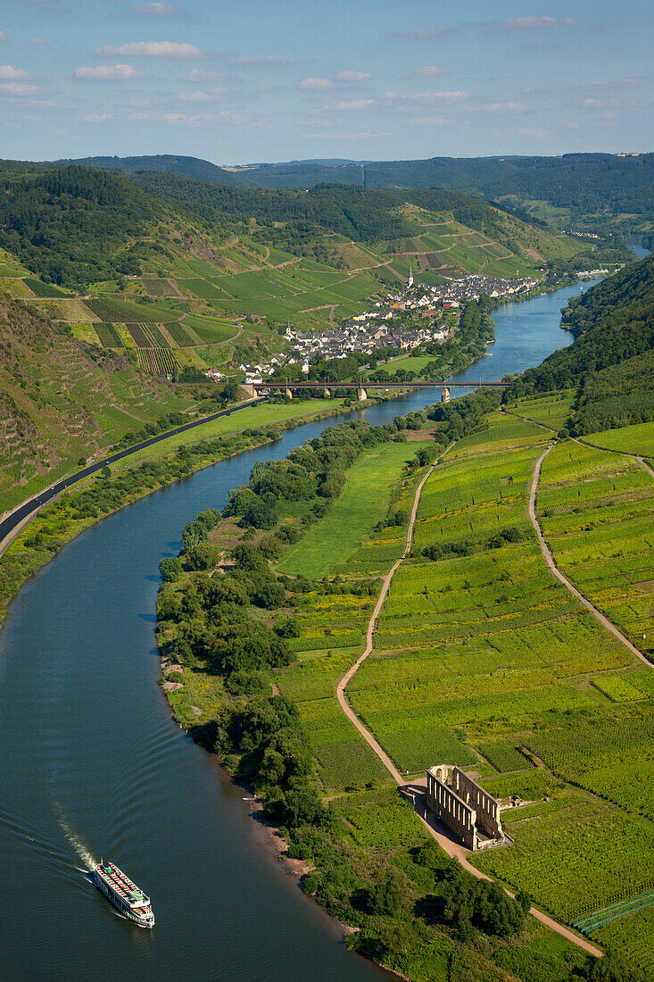 Ausflugsschiff auf der Mosel bei Ediger-Eller, Klosterruine Stuben, Mosel, Rheinland-Pfalz, Deutschland