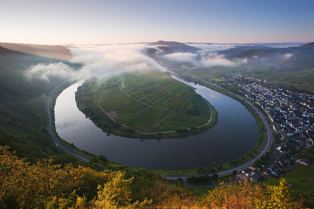 View from the vineyard Bremmer Calmont to the sinuosity, near Bremm, Mosel river, Rhineland-Palatinate, Germany