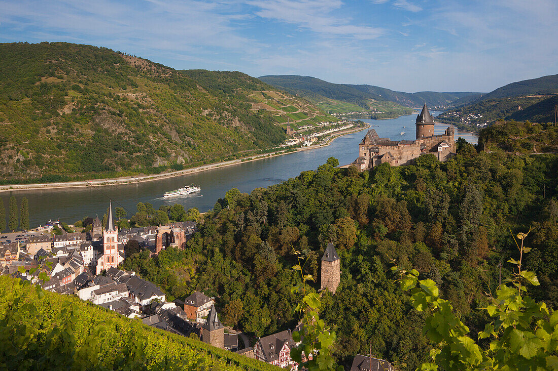 Paddle wheel steamer Goethe at the Rhine river, view from the vineyards to Bacharach with Stahleck castle, Rhine river, Rhineland-Palatinate, Germany