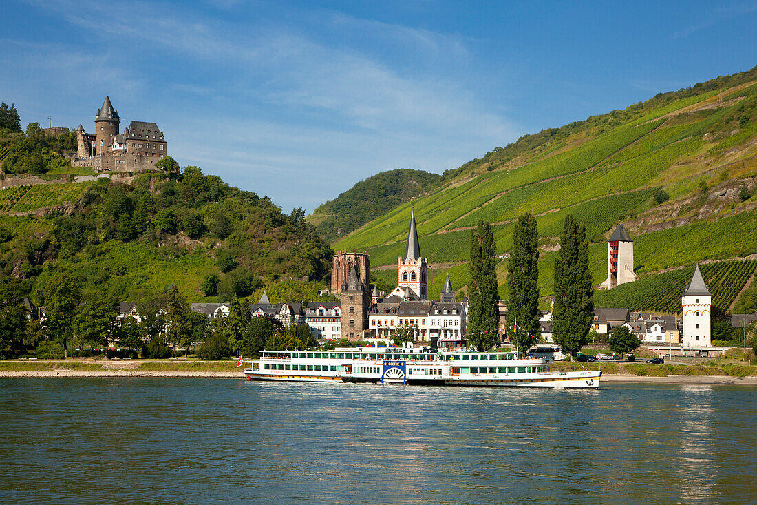 Paddle wheel steamer Goethe at the Rhine river, Bacharach with Stahleck castle, Rhine river, Rhineland-Palatinate, Germany