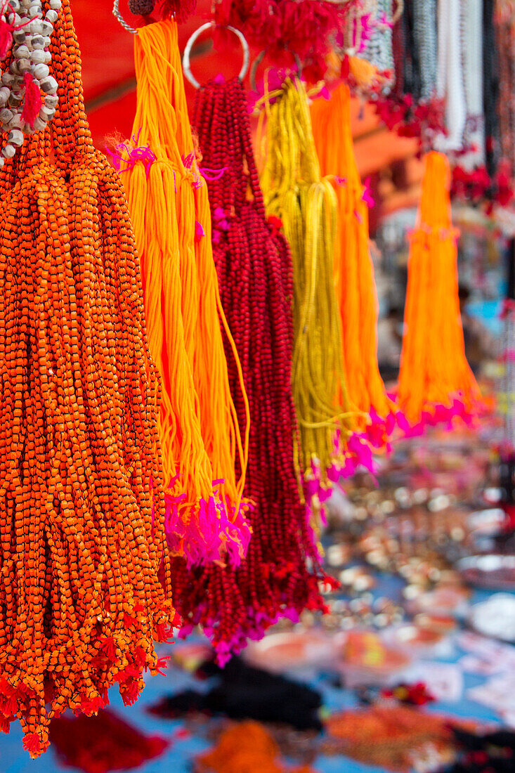 Offerings for sale at market on banks of Ganges river, Simaria, Bihar, India