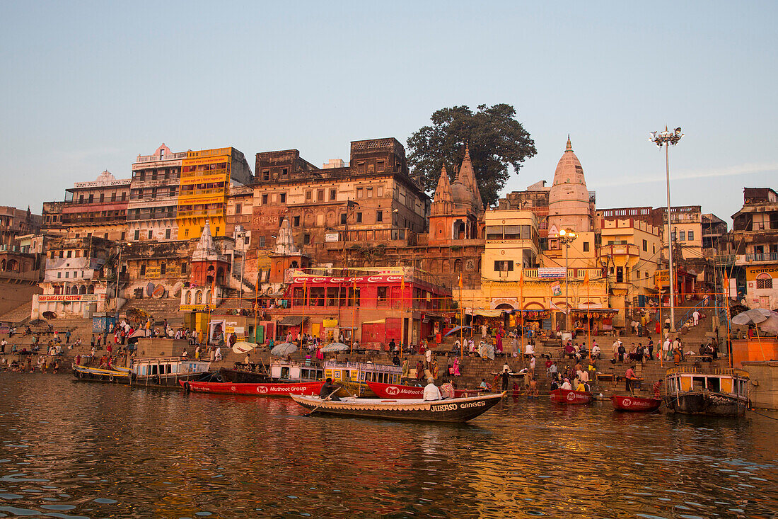 Boats on Ganges river in front of Dasaswamedh Ghat, Varanasi, Uttar Pradesh, India