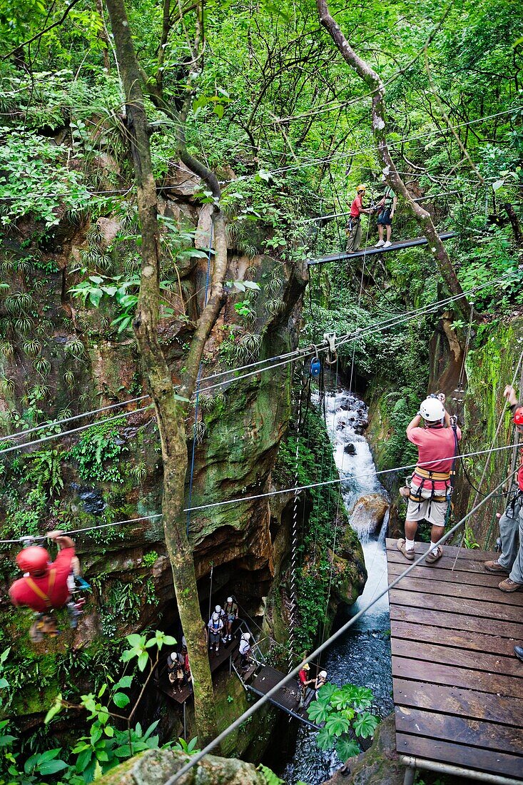 Zip wire canopy at Hacienda Guachipilin, Rincon de la Vieja National park, Costa Rica.