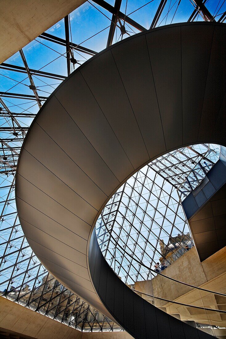 View from inside of the Louvre glass pyramid by architect Ieoh Ming Pei  Paris  France.