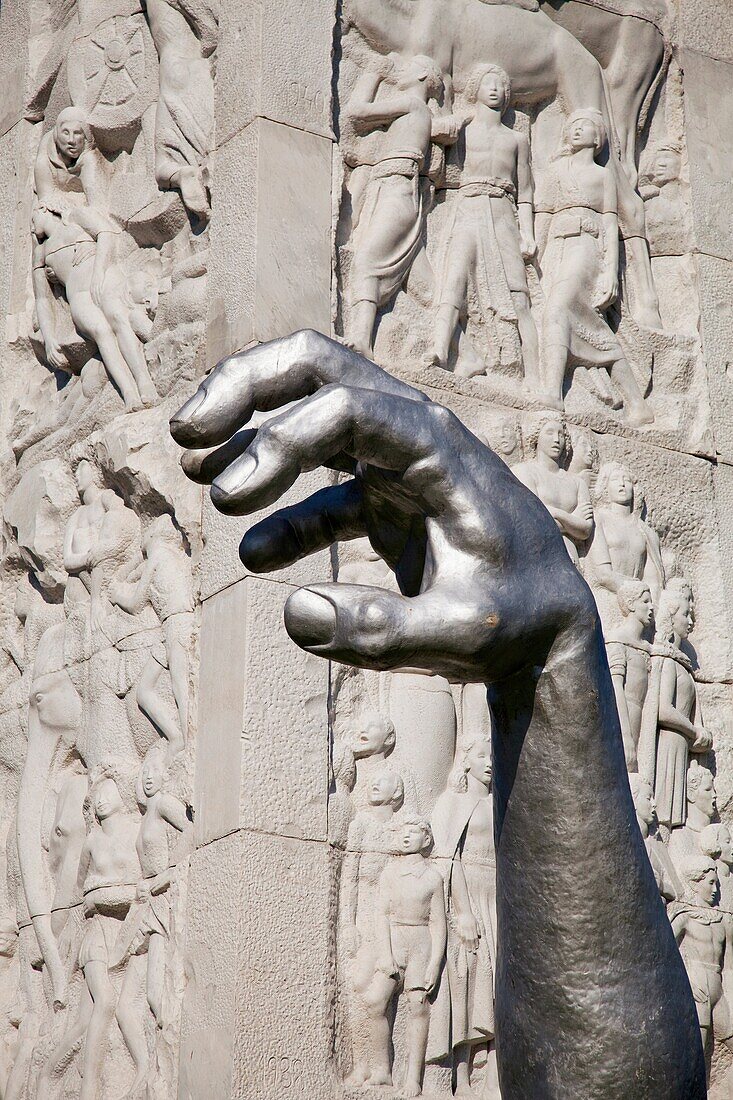 Sculpture in front of the Marconi obelisk, Guglielmo Marconi square, EUR district, Rome, Lazio, Italy, Europe