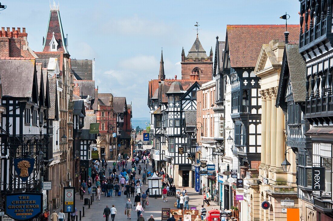 Chester city centre, looking down Eastgate street  Cheshire  UK