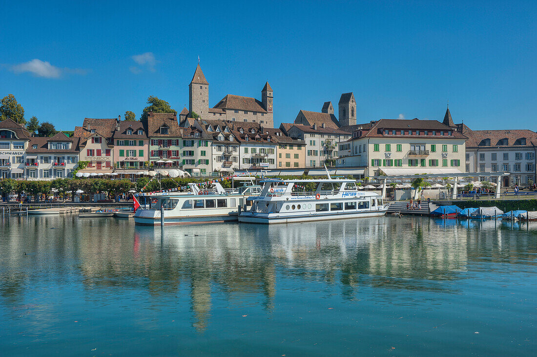 Blick auf Burg, Altstadt und Hafen, Rapperswil, Zürichsee, St. Gallen, Schweiz, Europa