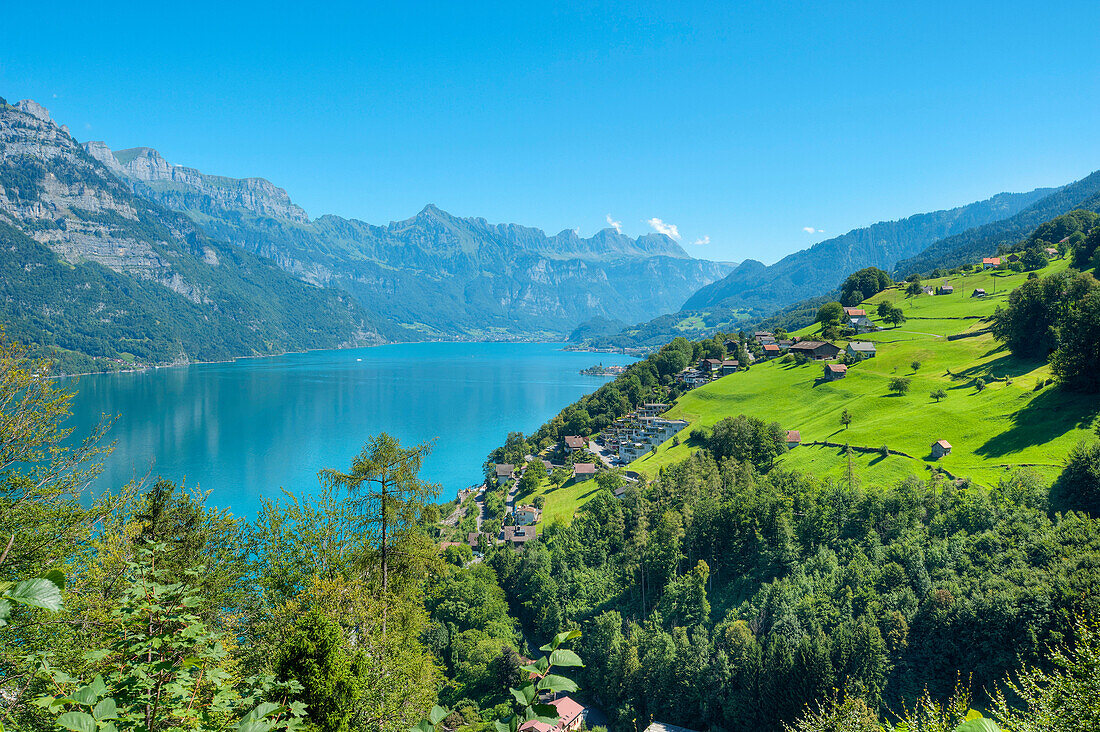 View of lake Walensee with Churfirsten mountains, St. Gallen, Switzerland, Europe