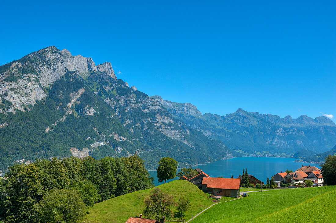 Blick auf den Walensee mit Churfirsten, St. Gallen, Schweiz, Europa