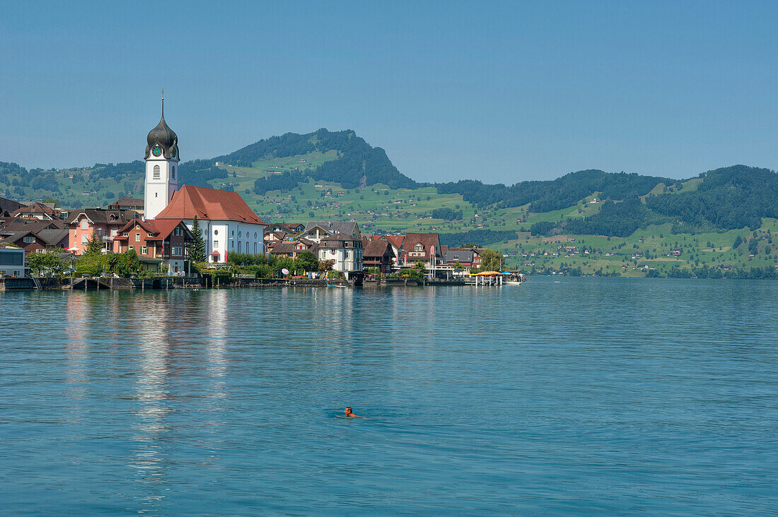 Beckenried mit Vierwaldstättersee, Beckenried, Nidwalden, Schweiz, Europa