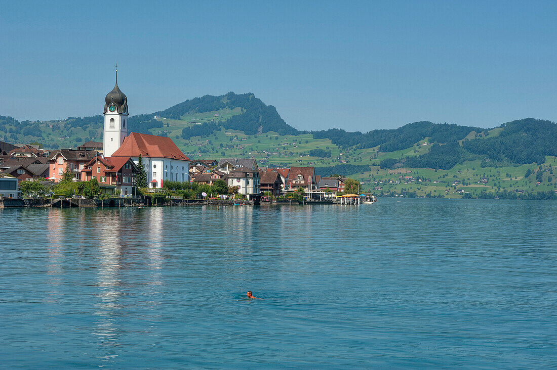 Beckenried with Lake Lucerne, Beckenried, Nidwalden, Switzerland, Europe
