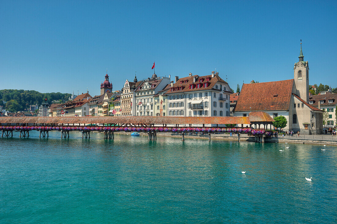 Reuss river with Chapel bridge, Lucerne, Lucerne, Switzerland, Europe