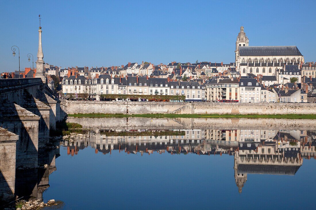 City Of Blois And The Saint-Louis Cathedral Seen From The Banks Of The Loire, Blois, Loir-Et-Cher (41), France