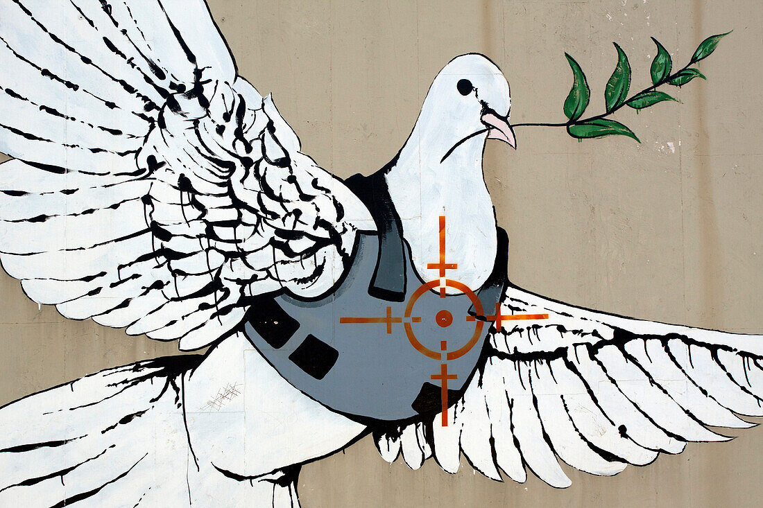 The Dove Of Peace Wearing A Bulletproof Vest In The Line Of Fire, Drawing By The British Graffiti Artist Banksy On A Wall In Bethlehem, West Bank, Palestinian Authority
