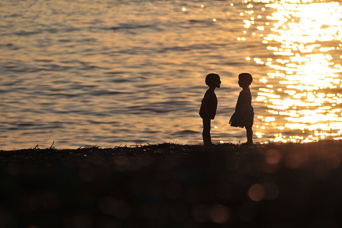 Children By The Water At Sunset, Cayeux-Sur-Mer, Bay Of Somme, Somme (80), France